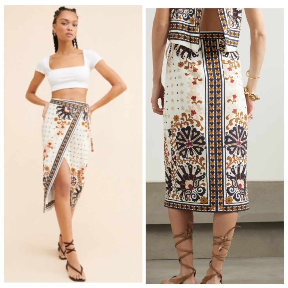 Farm Rio Flower Fan Tapestry Printwd Linen Blend Wrap Skirt Size L New With Tag